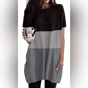 Loose Casual Round Neck Short Sleeve Color Block with Pocket